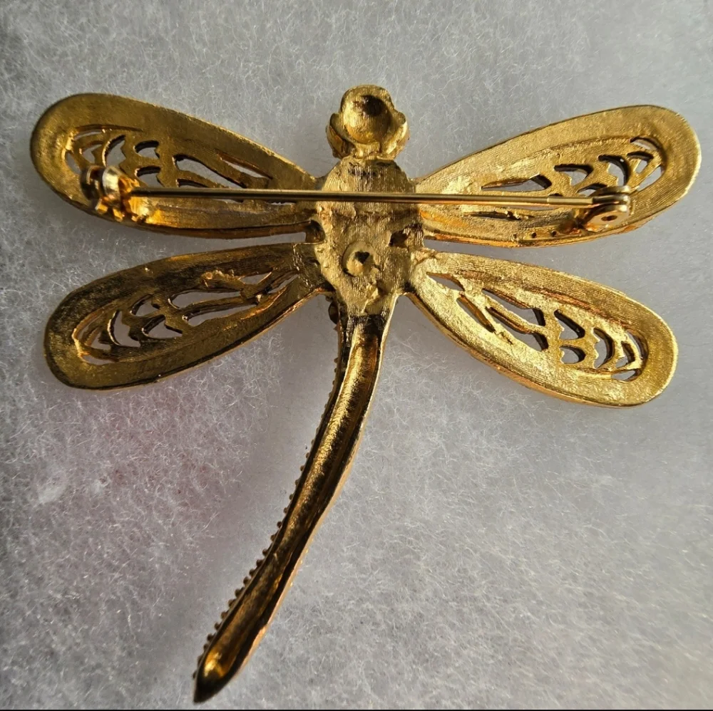 Vintage dragonfly brooch green rhinestones gold tone pin insect bug damselfly